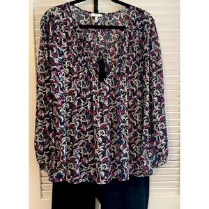 JOIE 100% Silk Paisley Bishop Sleeve Blouse Pleated Tasseled Boho Cottage Size L